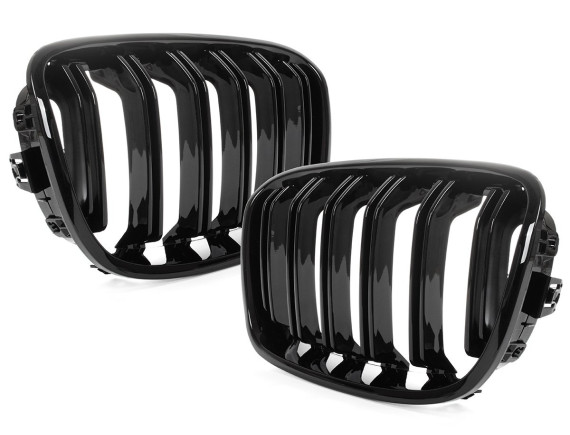 BMW 1 F20 / F21 11-14 3/5D HATCHBACK maske med žarometi (ledvičke) levi + desni komplet ČRNE SIJAJNE DVOJNE LETVE