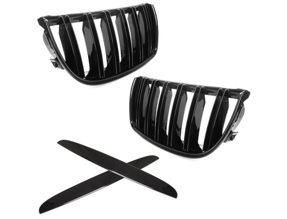 BMW 3 E90 / E91 04-09 LIMUZINA / KOMBI maske med žarometoma (ledvičke) levi + desni komplet ČRNE SIJAJNE DVOJNE LETVE