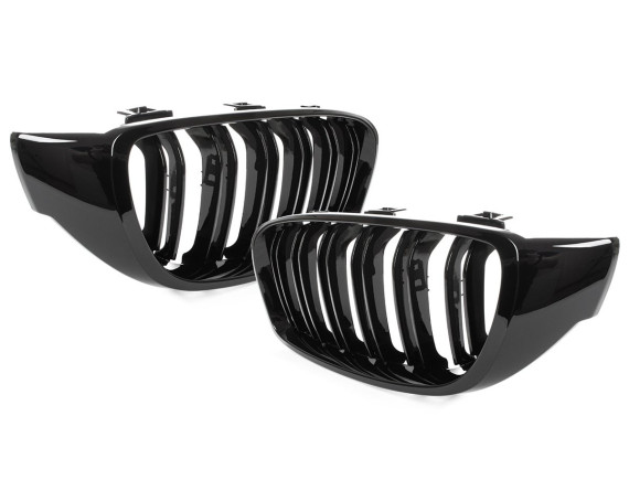 BMW 4 F32 / F33 / F36 13-18 maske med žarometi (ledvičke) levi + desni komplet ČRNE SIJAJNE DVOJNE LETVE