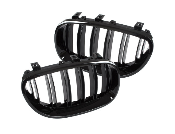 BMW 5 E60 / E61 03-10 maske med žarometoma (ledvičke) levi + desni komplet ČRNE SIJAJNE DVOJNE LETVE