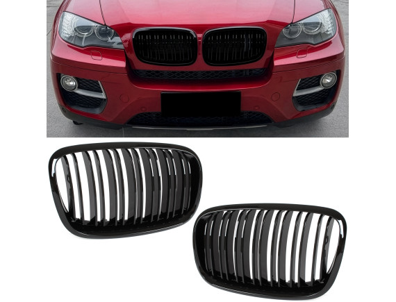 BMW X5 E70 06-13 maske med žarometoma (ledvički) levi + desni komplet ČRNE SIJAJNE DVOJNE LETVE