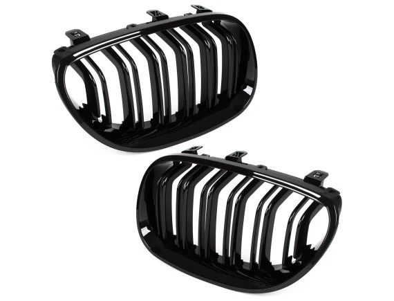 BMW 5 E60 / E61 03-10 atrapy między reflektory (nerki) lewa + prawa kpl. BLACK GLOSSY DOUBLE BAR WYGIĘTE ŻEBERKA