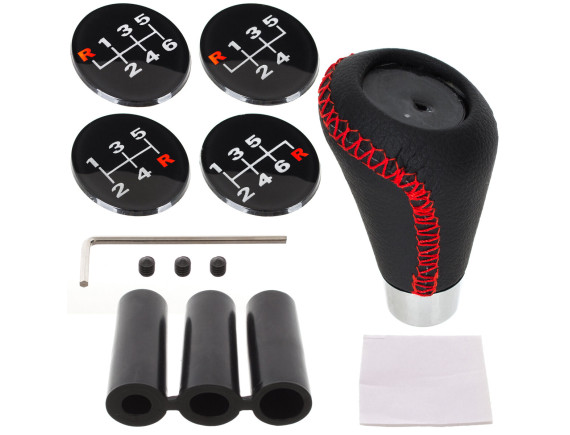 UNIVERZALNA ročica menjalnika ČRNO USNJE + KROM + RDEČ NIT + EMBLEM 5 IN 6 SET